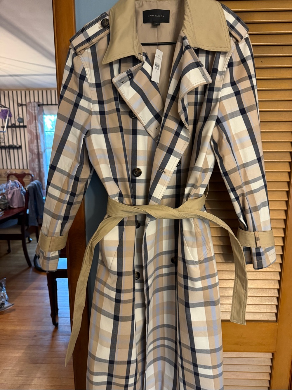 Ann Taylor Tan and Navy Plaid Trench Coat brand new with tags